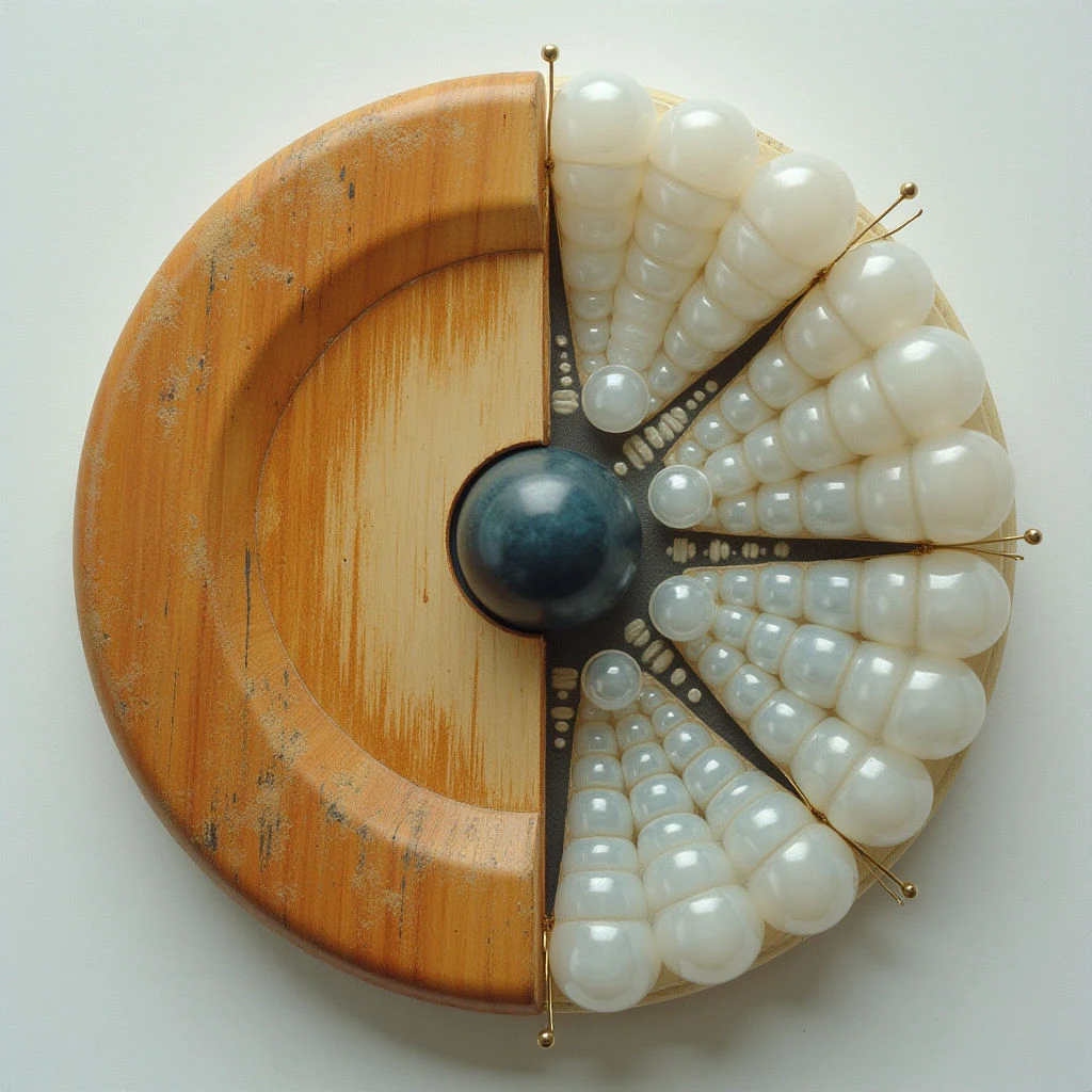 The image features a circular composition dominated by warm wood tones contrasted with cool white and dark accents. A semi-circular wooden form cradles a dense arrangement of spherical objects, radiating outwards from a central dark blue sphere; thin metal rods extend from this center to support the spheres. Light appears diffused, creating soft shadows within the wood grain and subtle variations in tone across the clustered shapes, while spatial relationships suggest depth through overlapping forms and varying sizes of the white elements.