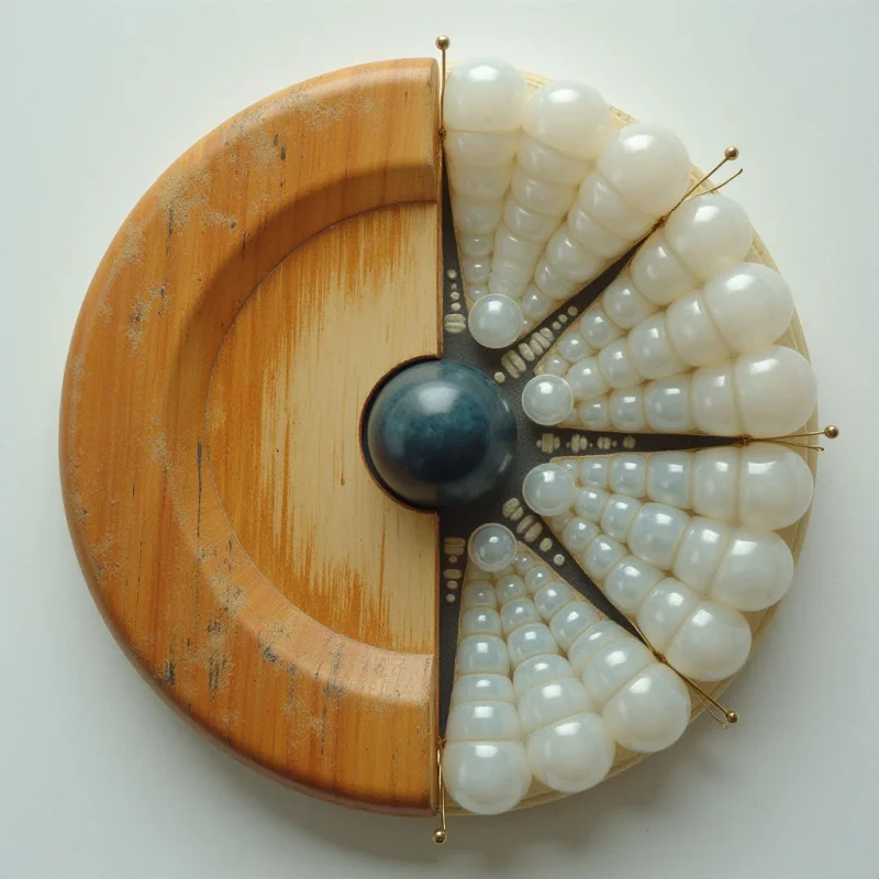 The image features a circular composition dominated by warm wood tones contrasted with cool white and dark accents. A semi-circular wooden form cradles a dense arrangement of spherical objects, radiating outwards from a central dark blue sphere; thin metal rods extend from this center to support the spheres. Light appears diffused, creating soft shadows within the wood grain and subtle variations in tone across the clustered shapes, while spatial relationships suggest depth through overlapping forms and varying sizes of the white elements.