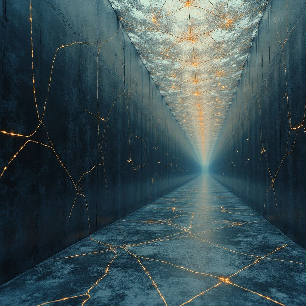 The image depicts a long, narrow corridor with walls constructed of dark blue, textured material resembling stone or concrete. A network of bright orange lines crisscrosses the walls and floor, converging towards a distant point of intense light at the end of the tunnel. The space is defined by strong linear perspective, creating a sense of depth and diminishing scale as it recedes into the glow.