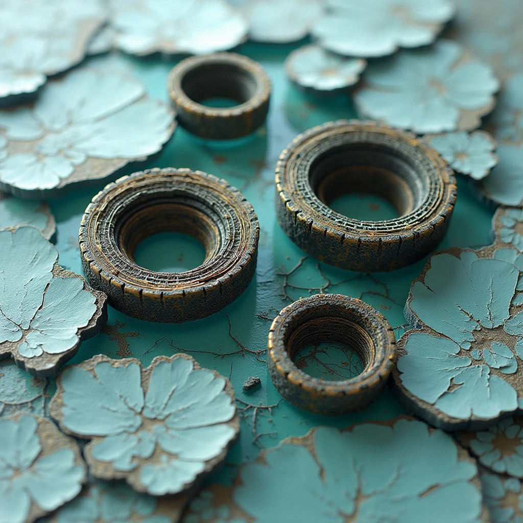 The image features a field of teal, flower-like shapes with cracked surfaces surrounding several circular forms in shades of brown and gold. These circles exhibit a rough, textured appearance reminiscent of aged stone or brickwork, contrasting with the smoother petals. Soft, diffused light illuminates the scene, casting subtle shadows and highlighting the varying depths of the floral pattern and ring structures within a close-up spatial arrangement.