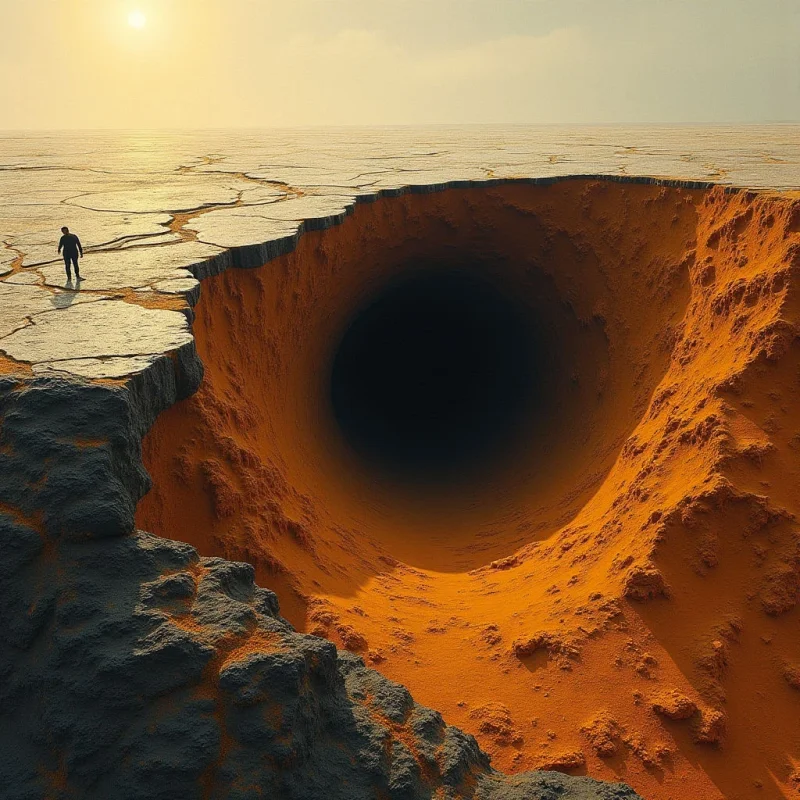 A vast, cracked desert landscape of pale yellow and gray tones surrounds a massive, circular pit that descends into deep blackness. The interior walls of the crater feature a rugged, granular texture in bright orange hues, contrasting with the smooth, fractured surface of the surrounding ground. A small, dark human silhouette stands near the edge of the abyss, providing a sense of immense scale against the sunlit horizon and the cavernous void.