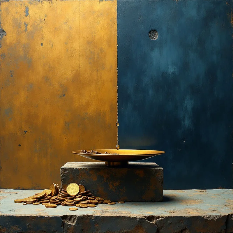 A vertical division splits the background into a textured gold left side and a deep blue right side. In the lower center, a shallow golden dish rests on a rectangular stone block, positioned above a scattered pile of circular gold coins. A thin, dark line descends from the upper edge through the center, creating a sense of verticality against the contrasting colored planes.