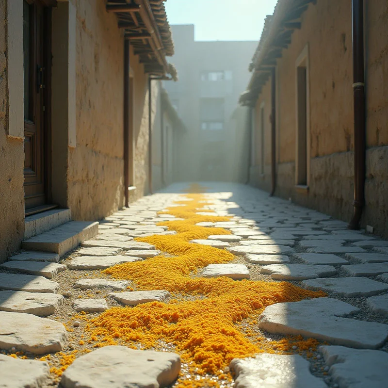 A narrow cobblestone alley is defined by warm, earthy tones of tan and beige, contrasted by a vibrant, textured river of bright yellow granules winding through the center. Harsh sunlight casts strong shadows from the surrounding stone buildings, creating sharp geometric shapes across the uneven ground. The composition uses linear perspective to draw the eye toward a hazy, brightly lit background between the tall, vertical walls.