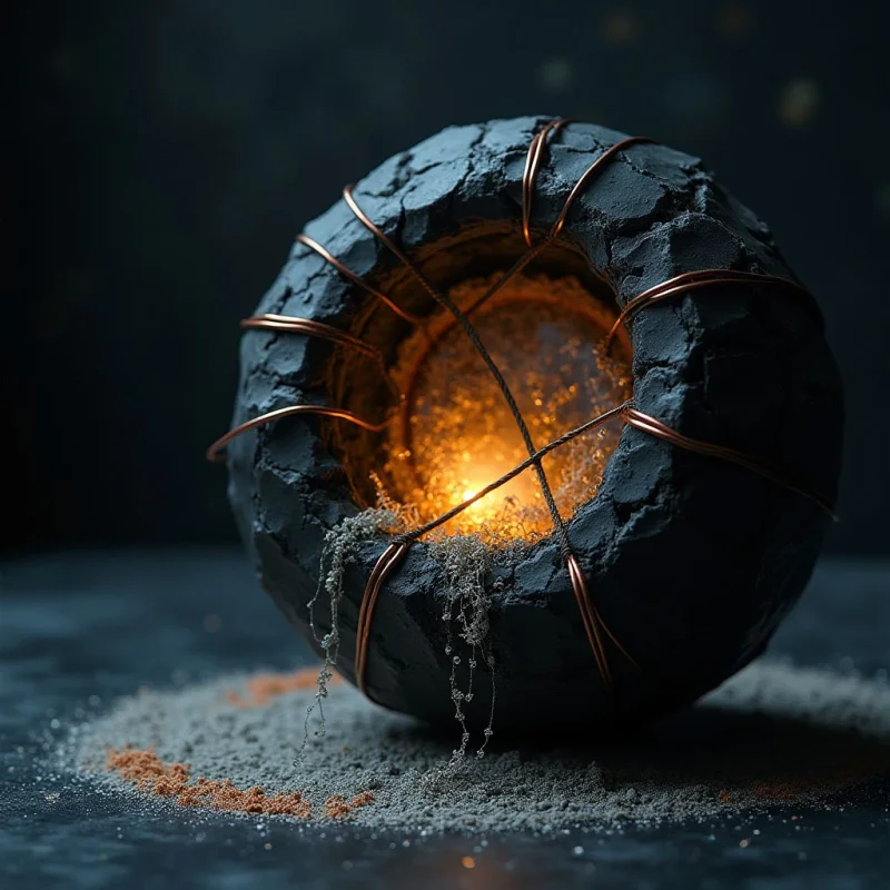 A dark, textured sphere with a cracked surface is wrapped in thin copper wires and sits atop a mound of fine gray and orange sand. A warm, golden light emanates from within the hollow center of the object, casting a glow against its jagged interior edges. The composition features a central focus against a dark, blurred background, creating a sense of depth through the contrast between the illuminated core and the surrounding shadows.