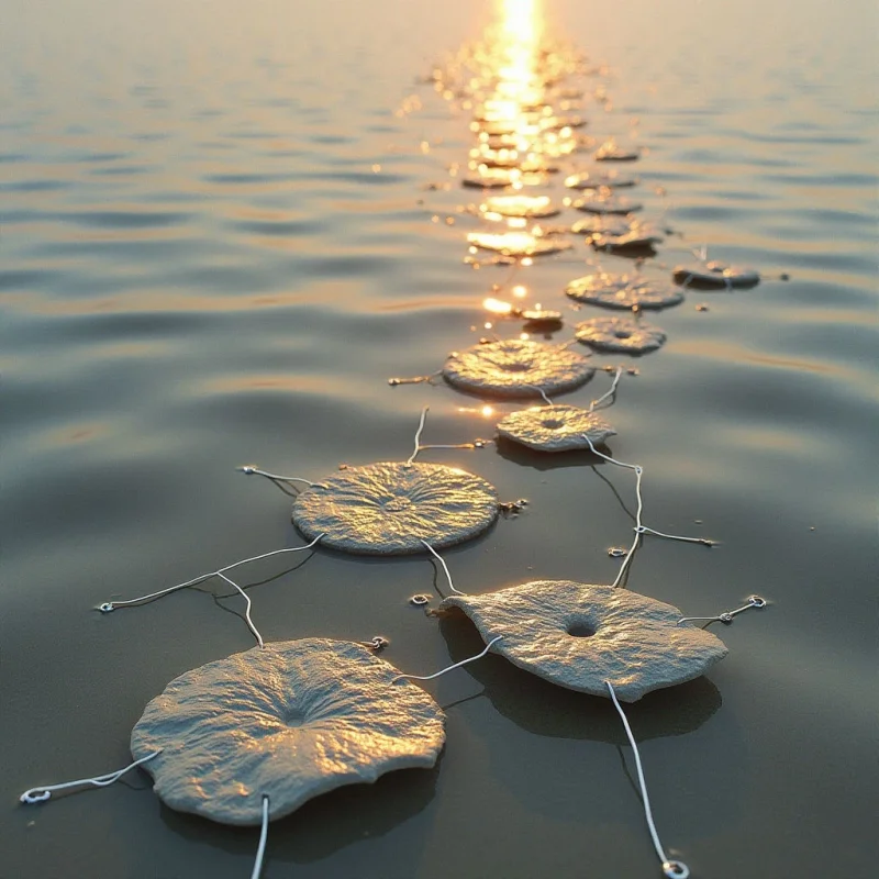 A sequence of circular, textured discs floats in a line across calm water, stretching from the foreground toward a bright horizon. The scene is bathed in warm, golden light that creates shimmering reflections on the rippled surface and highlights the rough, stony texture of each disc. The composition follows a receding linear perspective, with the objects decreasing in size as they move into the distant, glowing light.