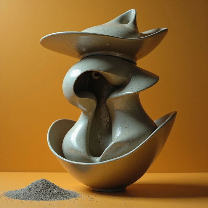 The image features a stack of four ceramic forms in varying shades of gray, set against a solid ochre background. The ceramics have a slightly rough, speckled texture and primarily organic, flowing shapes with curved edges and openings. Light falls unevenly across the objects creating highlights and shadows that emphasize their volume and suggest a three-dimensional arrangement, while a scattering of granular material rests at the base.