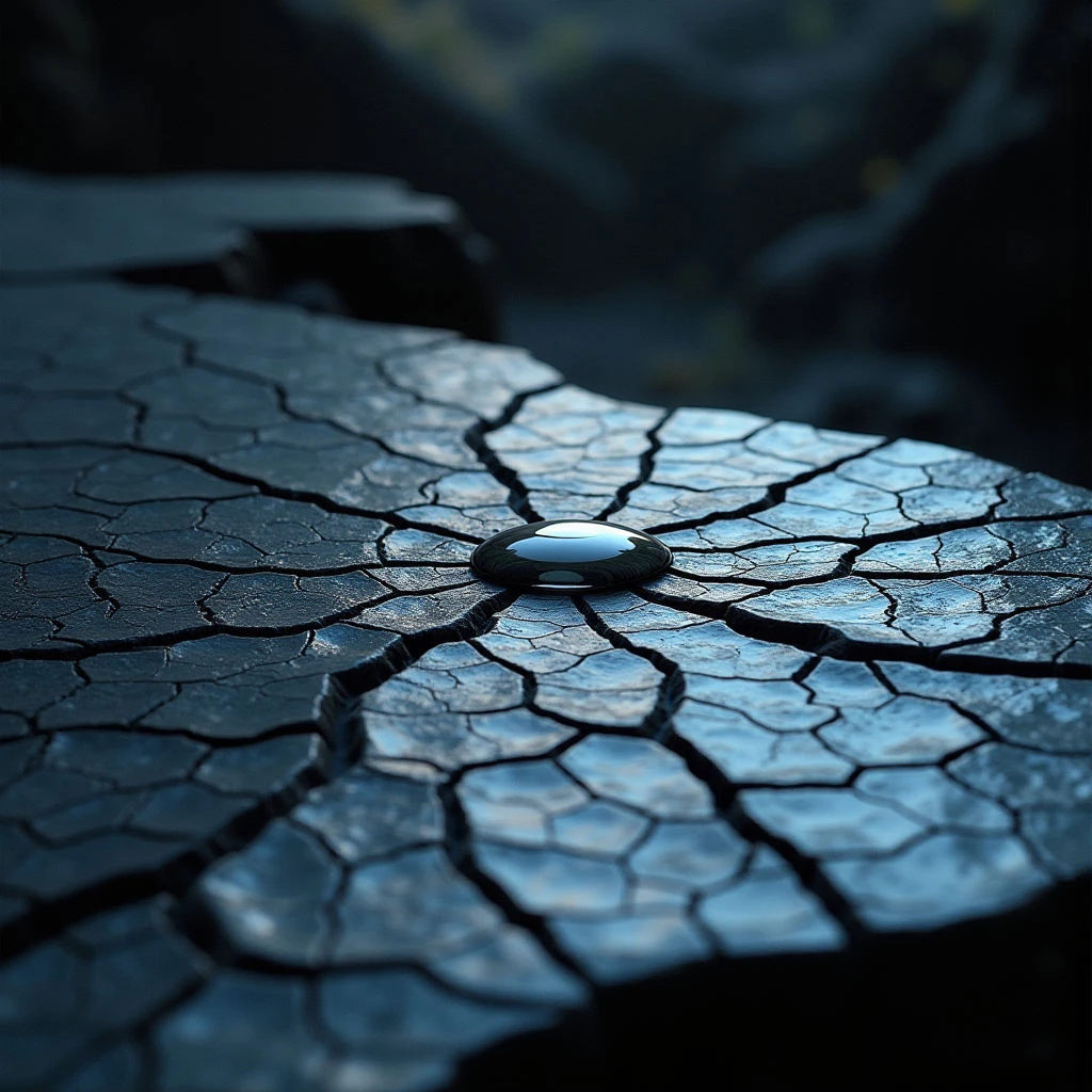 The image is dominated by cool tones of blue and gray, with a dark, desaturated palette overall. A highly textured surface of cracked earth occupies the majority of the frame, contrasting sharply with a smooth, reflective droplet centered within it. Light appears to come from an unseen source above and slightly to the left, creating subtle highlights on both the cracks and the droplet, while the spatial relationship suggests a close-up perspective focusing on the small form against a larger, fractured background.