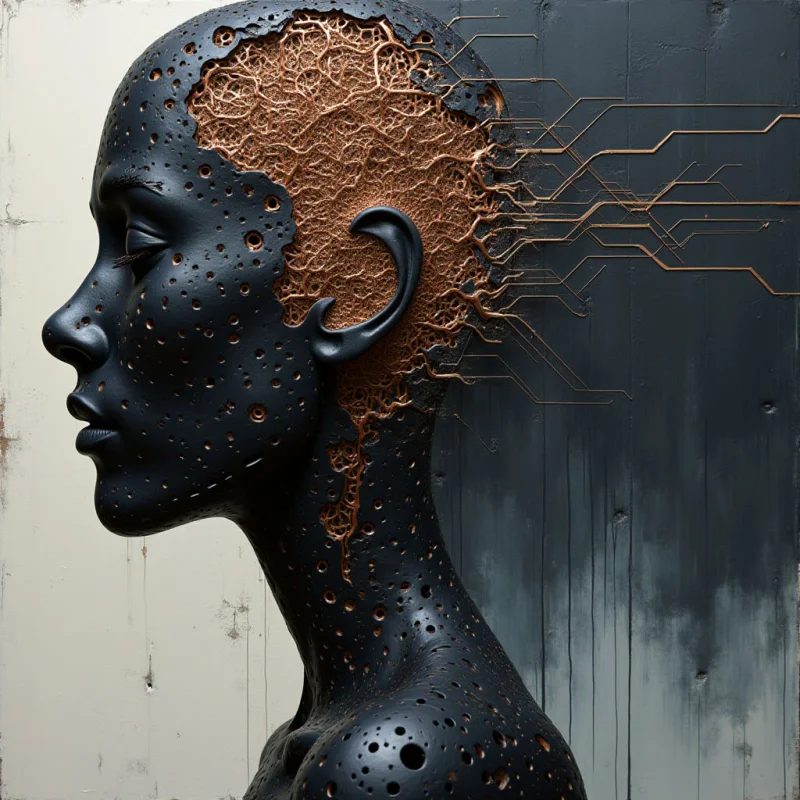 A dark, matte black bust with a porous, cratered texture is positioned in profile against a split background of off-white and charcoal gray. The interior of the head reveals a complex, copper-colored network of organic, vein-like structures that transition into geometric, linear patterns extending toward the right. Light falls from the left, casting soft shadows within the indentations of the black surface and highlighting the metallic sheen of the internal circuitry.