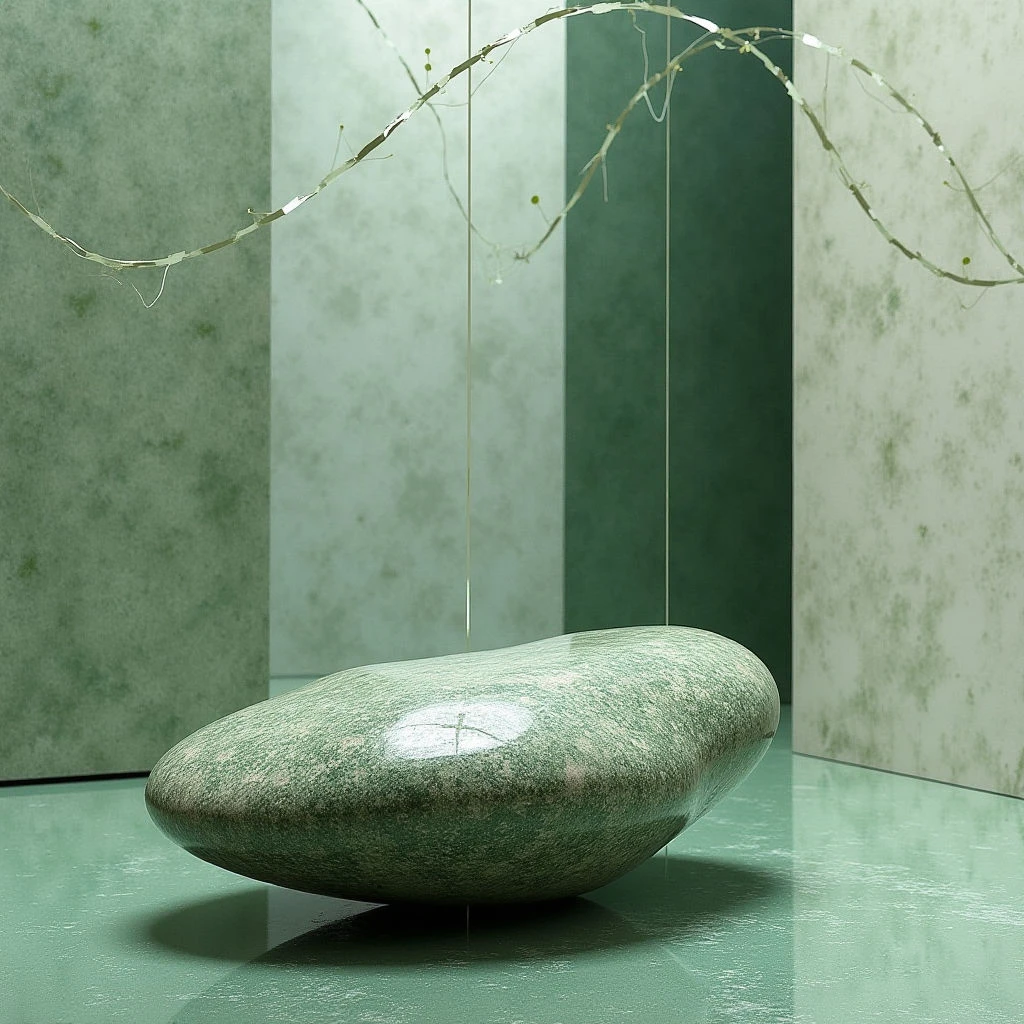 The image is dominated by shades of muted green, ranging from pale sage to deeper olive tones across vertical planes and a reflective floor. A large, smooth stone with speckled patterning rests centrally, contrasted by delicate, thin branches suspended above it. Soft, diffused light creates gentle gradients and subtle shadows, emphasizing the rounded form of the stone and its reflection while defining spatial depth within the enclosed setting.