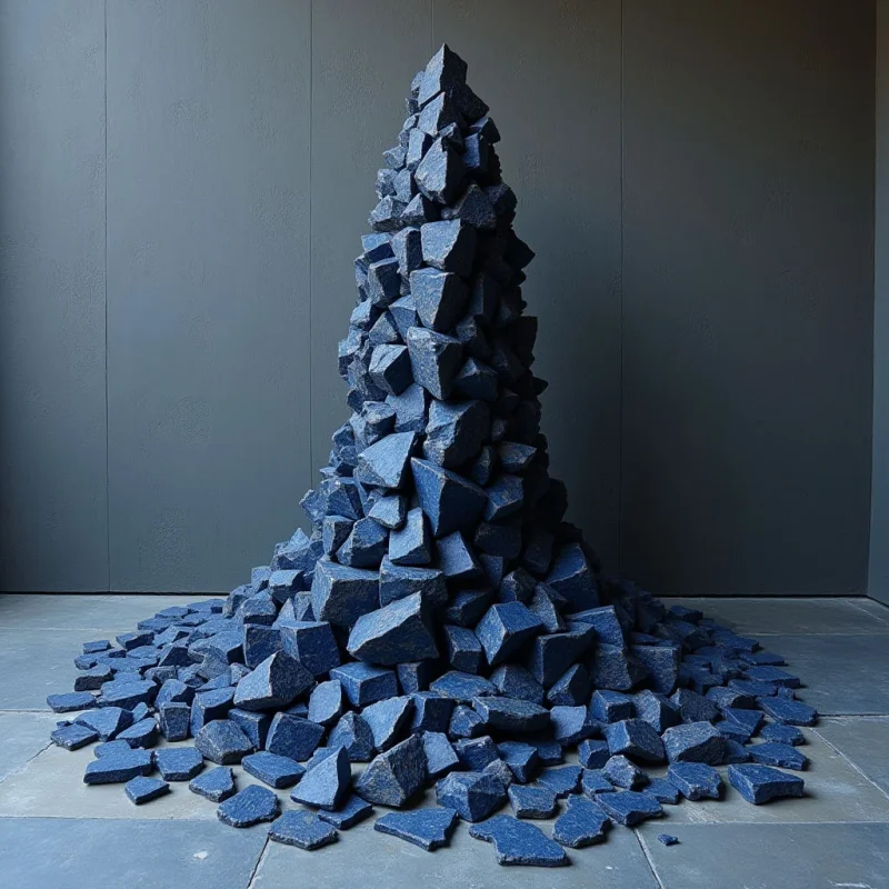 A conical mound of dark blue, jagged stones rises from a flat base of scattered fragments against a muted gray background. The composition features sharp, irregular shapes and rough textures, with light falling from the side to create deep shadows between the individual pieces. The central vertical mass occupies most of the frame, surrounded by a wide, low-lying ring of debris on a smooth, tiled floor.
