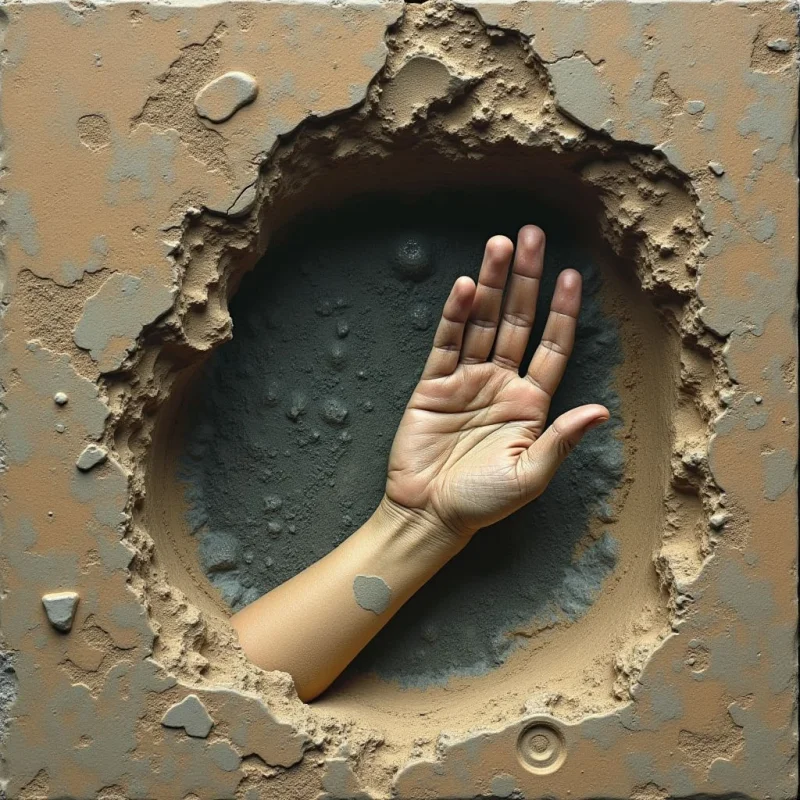 A human hand emerges from a jagged, circular opening in a thick, tan-colored textured surface. The background within the hole is dark gray and granular, creating a high contrast with the warm skin tones of the arm and palm. The composition centers on the vertical orientation of the fingers against the irregular, crater-like edges of the surrounding material.