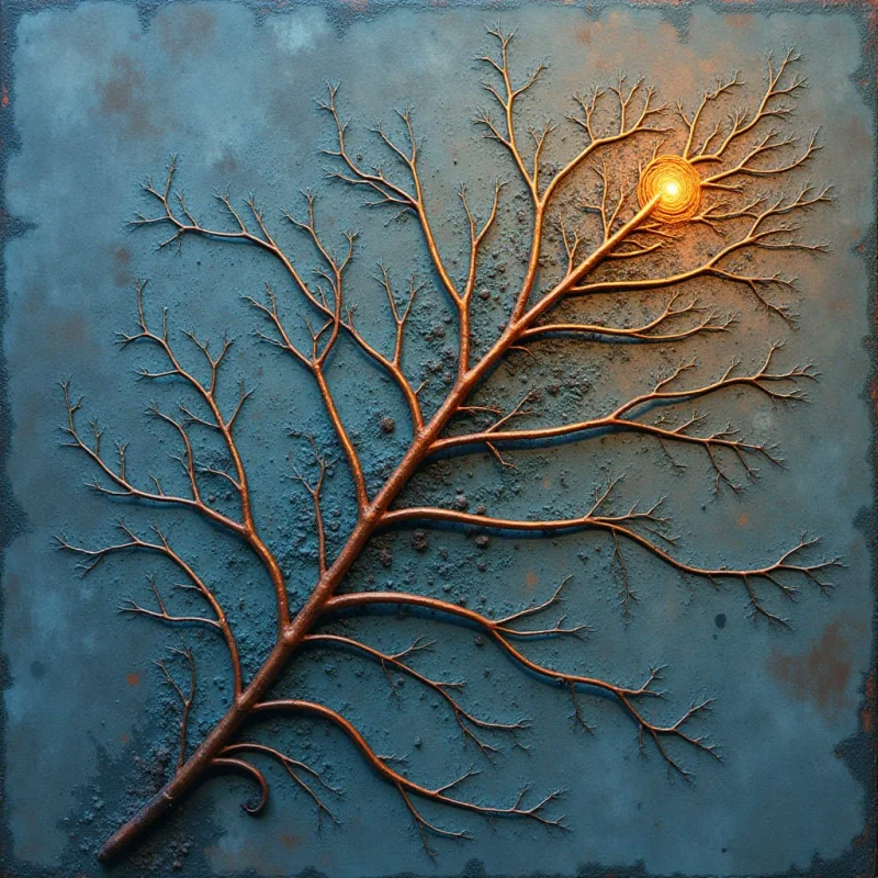 A central, branching structure with a metallic copper texture extends diagonally across a weathered, blue-toned surface characterized by mottled, granular patterns. A singular point of warm, glowing light emanates from one of the upper branches, casting a soft radiance against the surrounding dark teal background. The composition relies on the contrast between the organic, spindly shapes of the limbs and the flat, textured expanse of the backdrop.