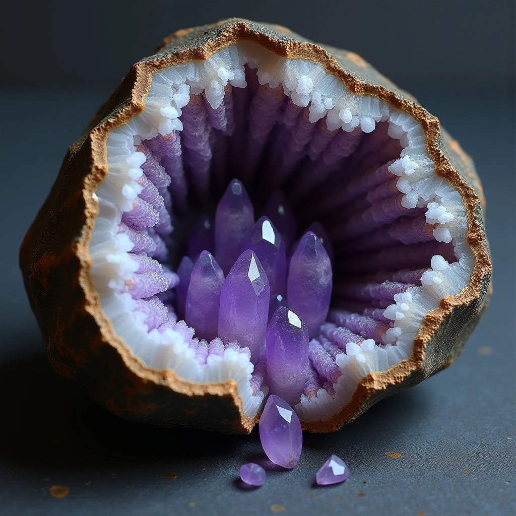 The image features a geode broken open to reveal clusters of purple amethyst crystals inside. Rough, brown and tan exterior rock contrasts with the smooth, pointed shapes of the crystals and a lighter lavender inner lining; several detached crystals lie on the dark gray surface below. Light reflects off the facets of the crystals, creating highlights within the deep cavity and casting soft shadows throughout the composition.