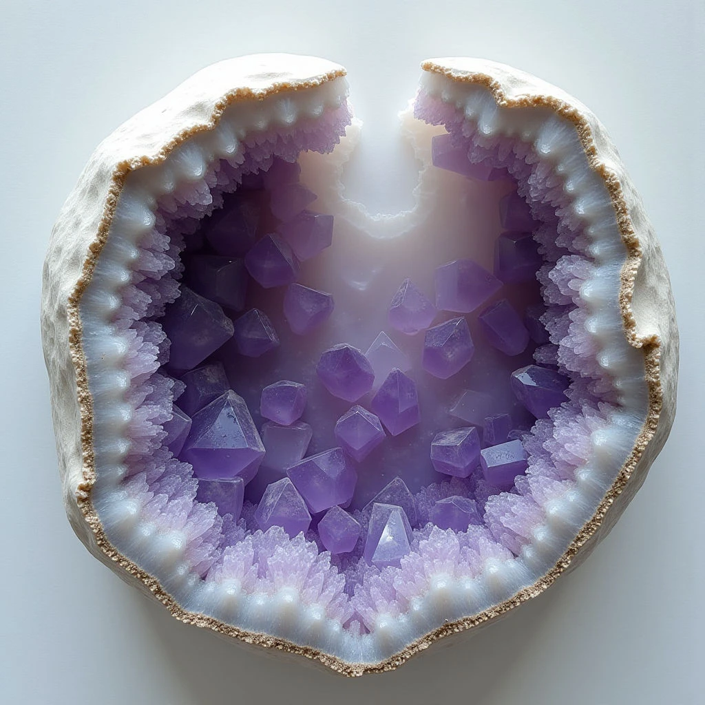 The image depicts a geode with a roughly textured, pale outer shell contrasting sharply with the crystalline interior. Various shades of lavender and purple crystals fill the cavity, ranging from small pointed clusters along the edges to larger, more defined geometric forms towards the center. Light appears to emanate from within the geode, creating highlights on the crystal surfaces and casting soft shadows throughout the space.