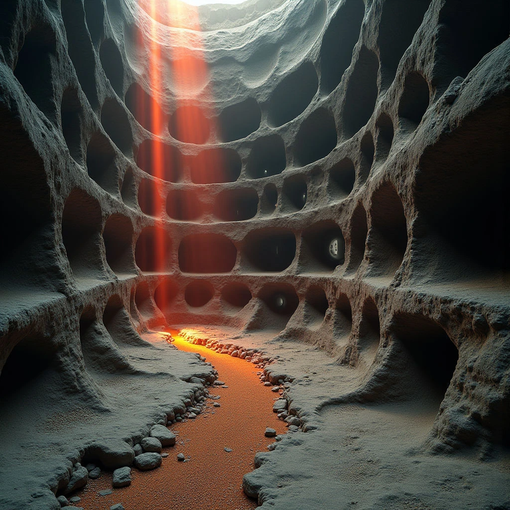 The scene depicts a cavernous space with walls riddled with numerous circular indentations of varying sizes. Tones are largely muted grays and browns, punctuated by a vibrant orange glow emanating from the floor and extending upwards in beams of light. The spatial arrangement emphasizes depth, with winding pathways leading towards a distant, brighter source of illumination within the rocky structure.