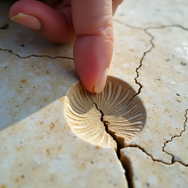 A pale, sandy-colored surface with a gritty texture is marked by jagged cracks and a circular, ribbed indentation. A single human finger rests near the center of this textured depression, creating a focal point within the shallow depth of field. Bright, directional light casts soft shadows across the irregular landscape of the ground.