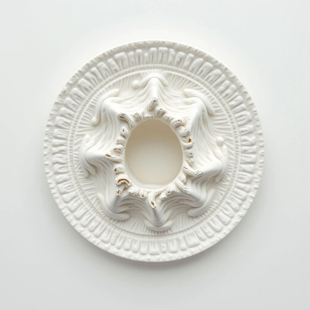A highly detailed, circular white ornament is centered against a plain background. The piece features concentric rings of sculpted detail surrounding an open center with petal-like formations and some areas of chipped or aged texture. It appears to be made of plaster or a similar material, casting soft shadows that emphasize its three-dimensional form.