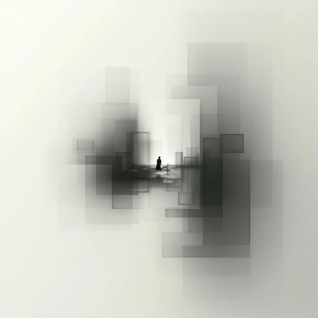 A lone figure stands at the vanishing point of a stark, geometric hallway constructed from overlapping gray rectangles. The walls seem to both converge on and recede from the person, creating a sense of disorientation and vast emptiness. Light emanates from the distant end, casting a long shadow that emphasizes the isolation of the solitary form.