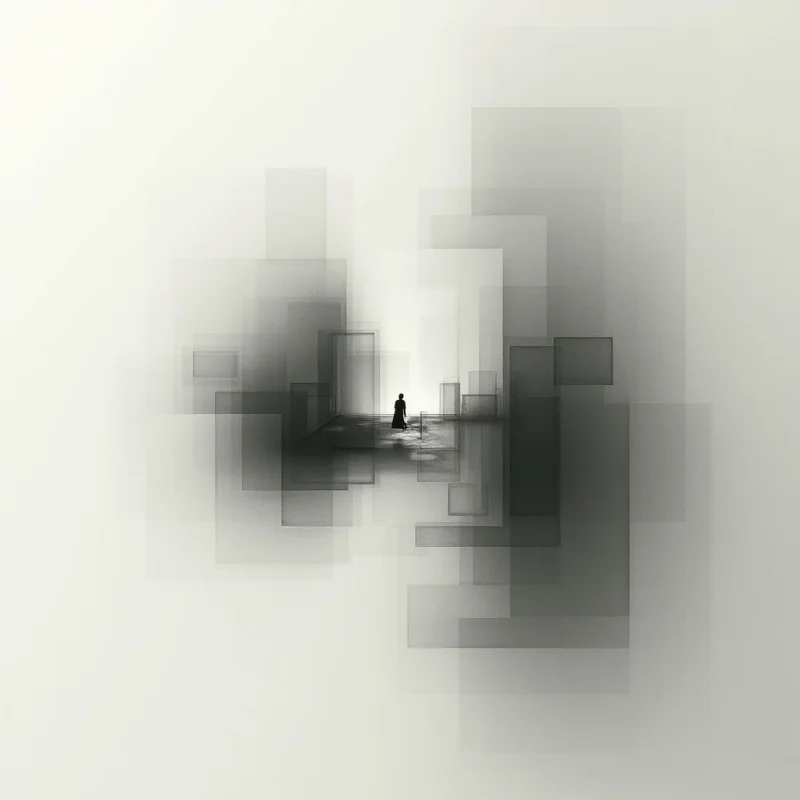 A lone figure stands at the vanishing point of a stark, geometric hallway constructed from overlapping gray rectangles. The walls seem to both converge on and recede from the person, creating a sense of disorientation and vast emptiness. Light emanates from the distant end, casting a long shadow that emphasizes the isolation of the solitary form.