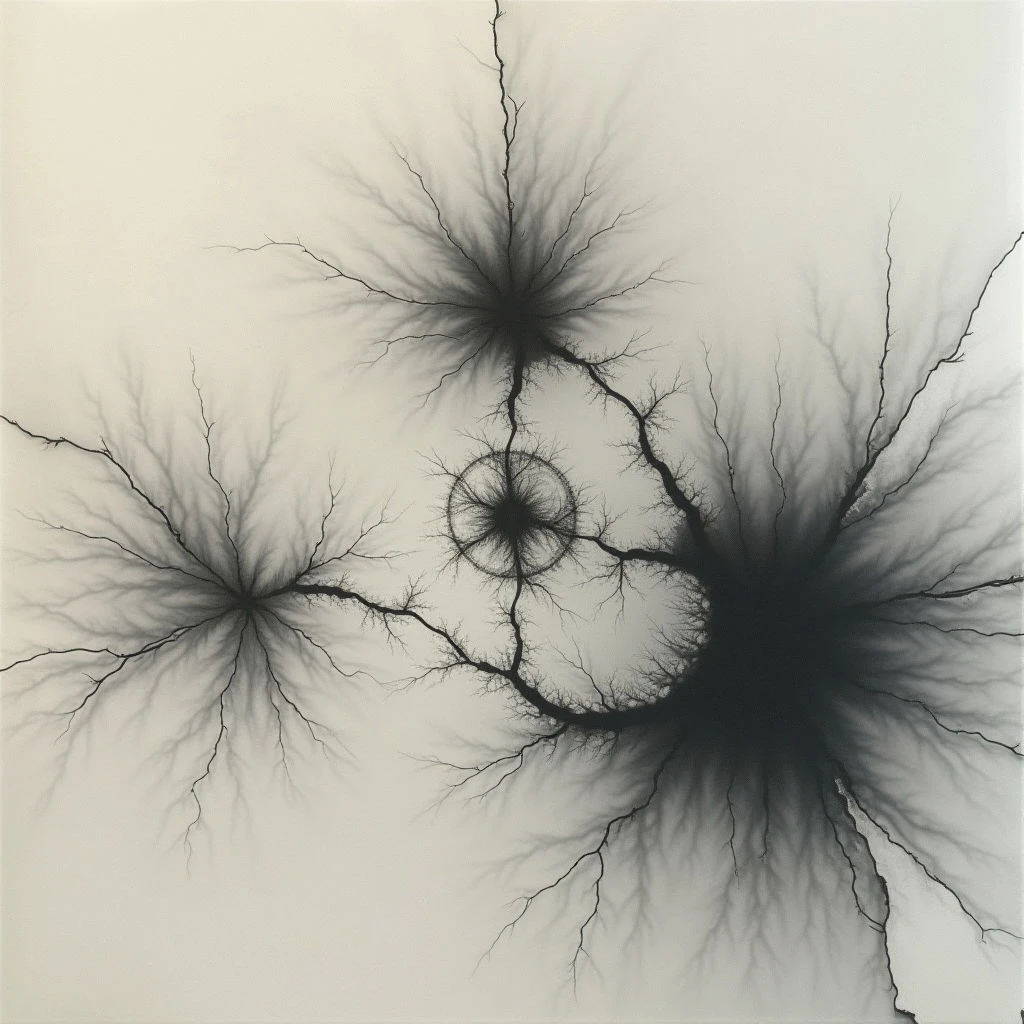 Dark, branching lines spread outward from two central shadowy masses on a pale background. A complex network of thinner branches connects the darker areas, culminating in a spiraling pattern at the image’s core. The overall effect resembles a root system or perhaps neural connections expanding across a field.