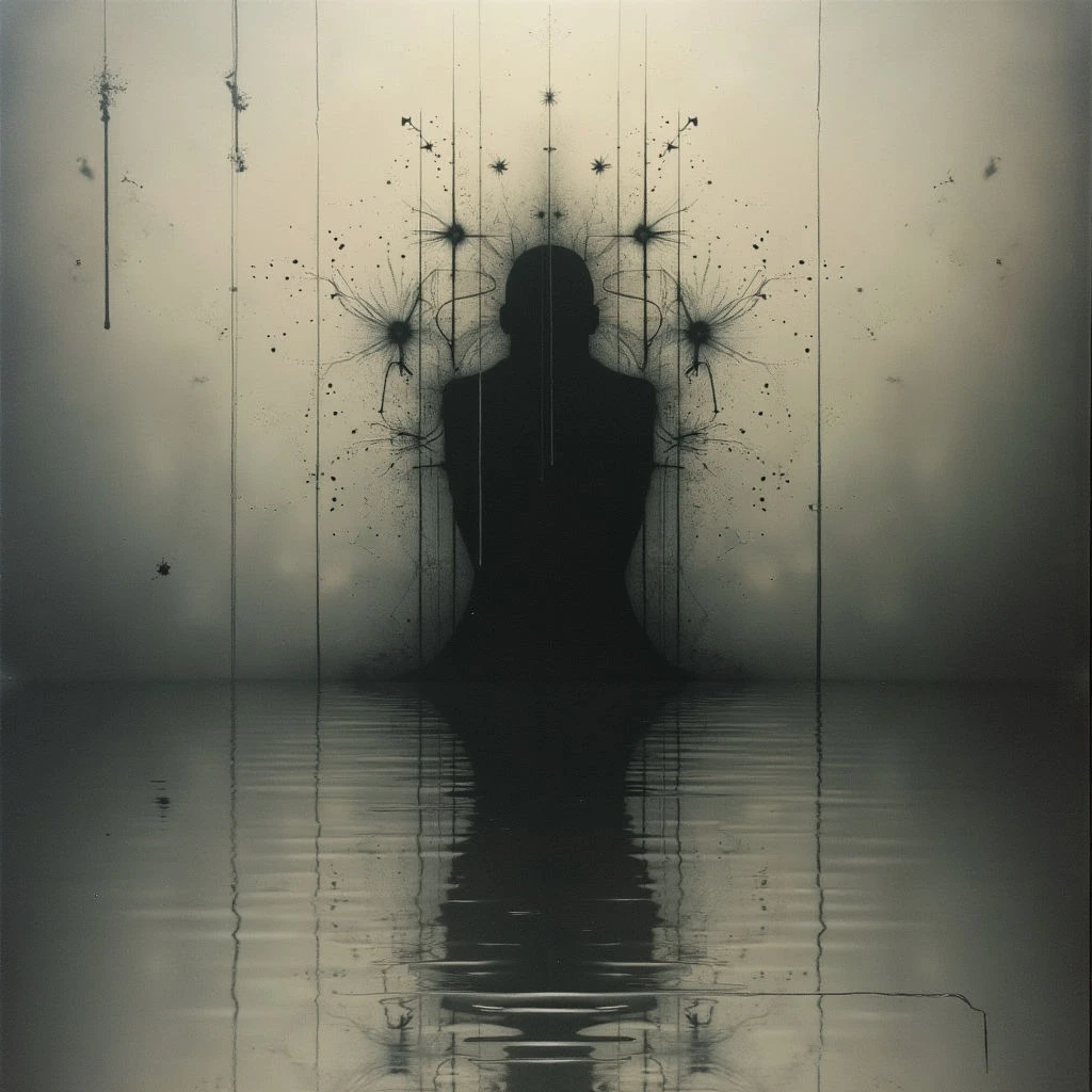 A dark silhouette of a person sits submerged in water, facing away from the viewer. Above their head, a constellation-like burst of small dots and lines seems to emanate outwards, almost like sparks or energy. The scene is muted and grayscale with drips running down a pale background, creating an ethereal and somber atmosphere.