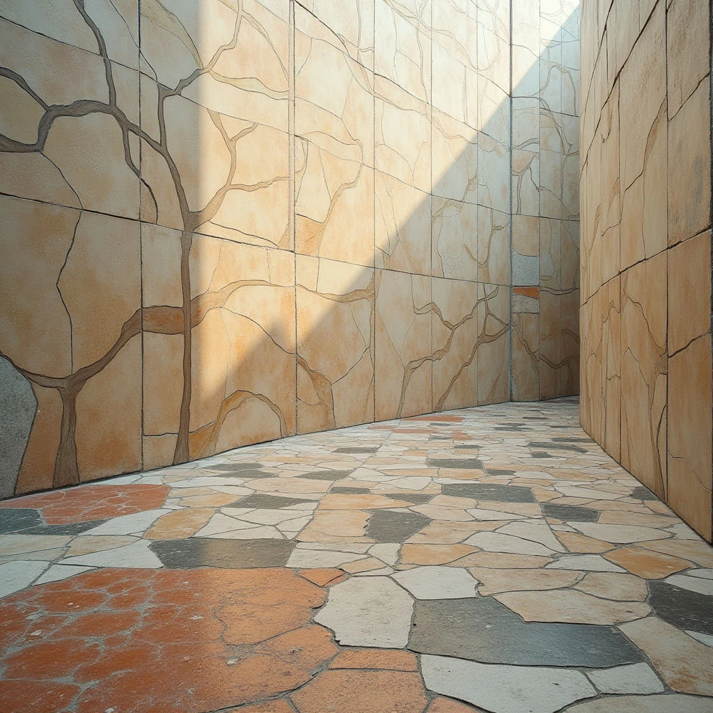 The scene depicts an enclosed space with walls and a floor constructed from irregularly shaped tiles in shades of peach, tan, gray, and reddish-brown. A strong diagonal beam of light cuts across the left wall, creating sharp contrasts between illuminated areas and deep shadows, while the right side remains darker and more uniform. The perspective lines converge towards a vanishing point, suggesting depth within the narrow corridor-like room.