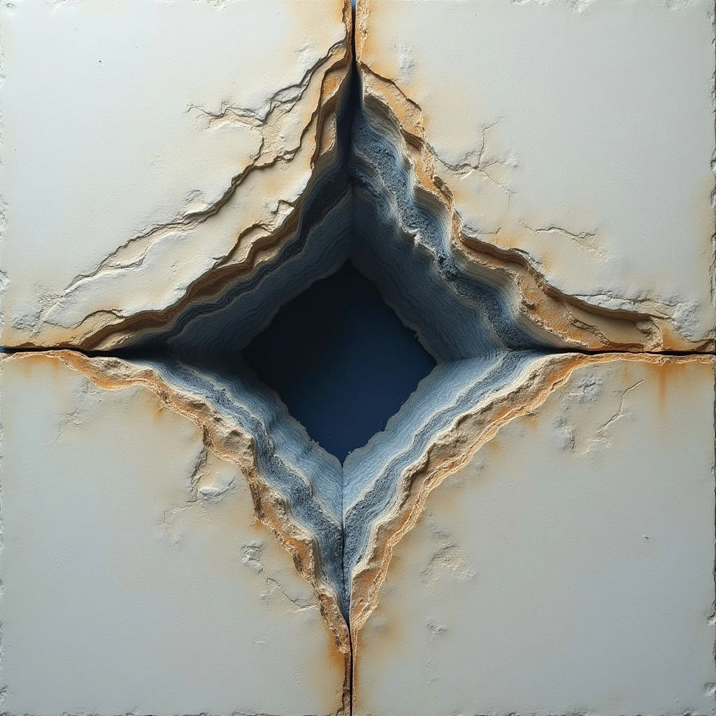 The image features a central, dark blue diamond shape surrounded by layered, textured formations in shades of pale gray and rust brown. These layers radiate outwards from the dark center, creating a sense of depth within a predominantly flat plane with subtle relief. Light appears to come from above, casting shadows that emphasize the uneven surfaces and the concave nature of the inner forms.