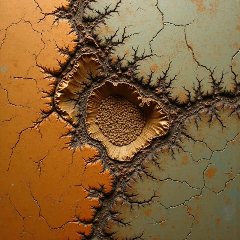 An orange and muted teal surface is divided by a dark, branching network of textured ridges that resemble cracked earth or coral. A central, circular depression features a granular, beaded texture surrounded by deep, radial grooves. Light casts soft shadows within the crevices, emphasizing the high-relief transition between the smooth planes and the rugged, organic formations.