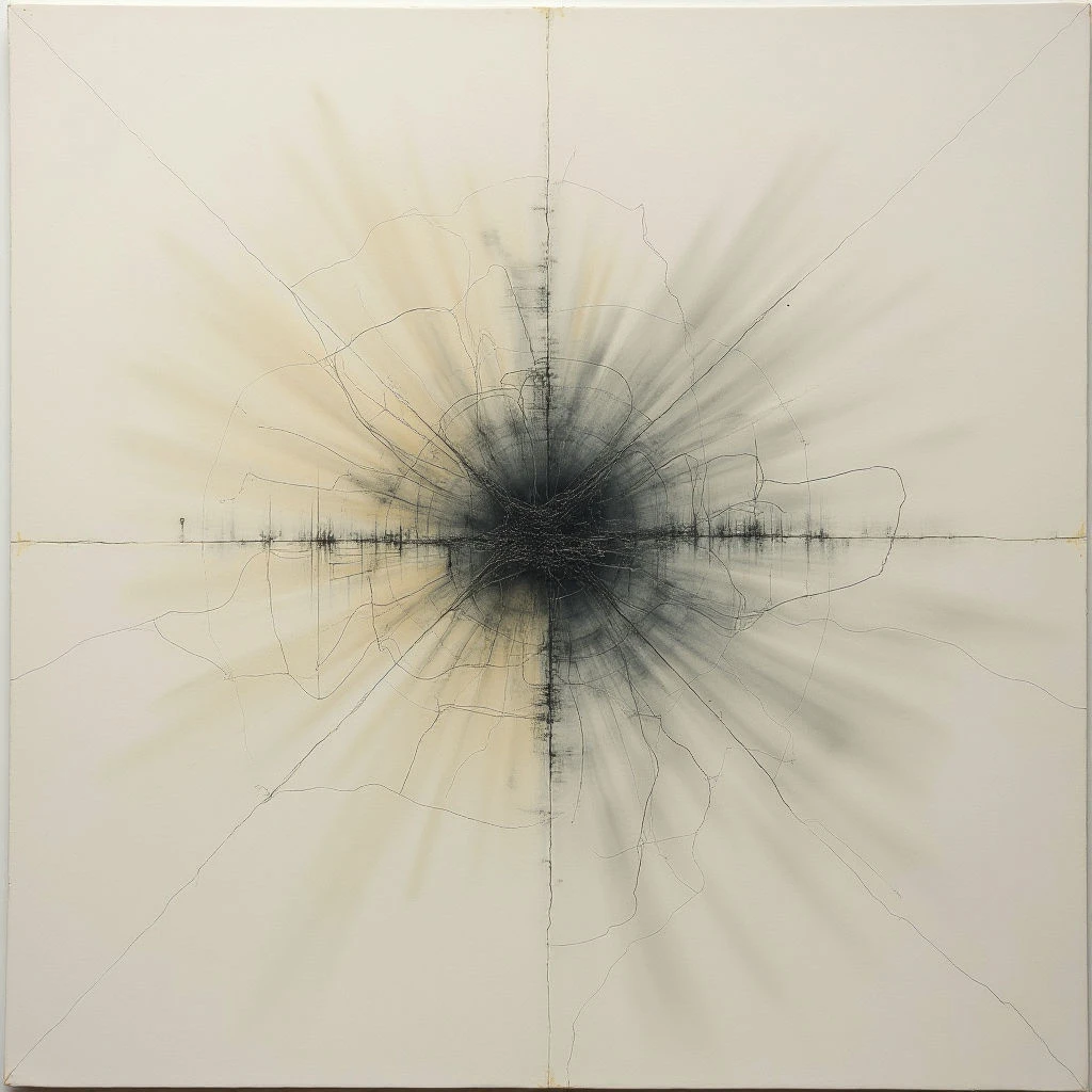 A dark, chaotic center explodes outwards with radiating lines and smudges on a light background. A thin horizontal line bisects the composition, suggesting a distant horizon or plane. Delicate sketched lines weave through the spray, adding complexity to the overall burst of energy.