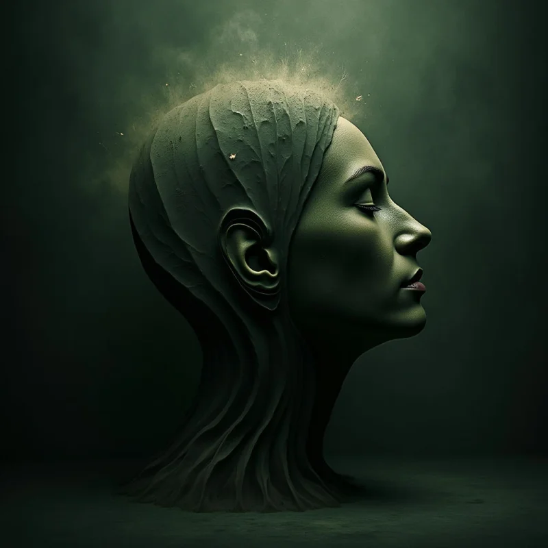 A profile of a human head is rendered in dark olive and forest green tones, featuring organic, wood-like textures that flow from the scalp down into a flared neck base. The composition uses dramatic chiaroscuro lighting to highlight the facial contours and the fine, fibrous details at the crown against a hazy, dark background. A sense of depth is created by the subject's central placement amidst a soft, atmospheric mist.