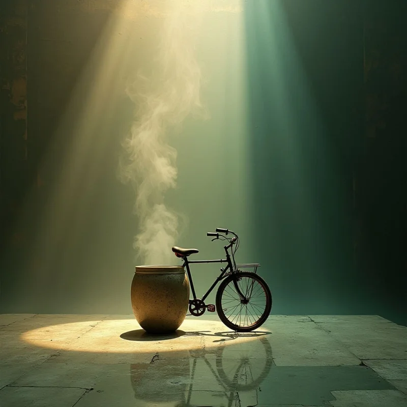 The image features a muted palette of olive greens and warm browns, with a central focus on a dark bicycle positioned beside a rounded earthenware vessel. Light streams diagonally from the upper left, illuminating the floor and creating long shadows while wisps of smoke rise vertically from the vessel’s opening; textures appear smooth on the walls and reflective on the tile flooring. The composition is largely defined by vertical lines—the smoke, the bicycle frame—within a spacious, minimalist setting that emphasizes depth through receding planes.