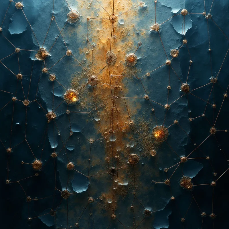 A central vertical column of textured gold and amber light flows through a dark blue, fragmented background. Fine, interconnected lines form a geometric web that links various circular, glowing nodes across the composition. The spatial arrangement creates a sense of depth through the layering of luminous particles against irregular, matte-textured shapes.