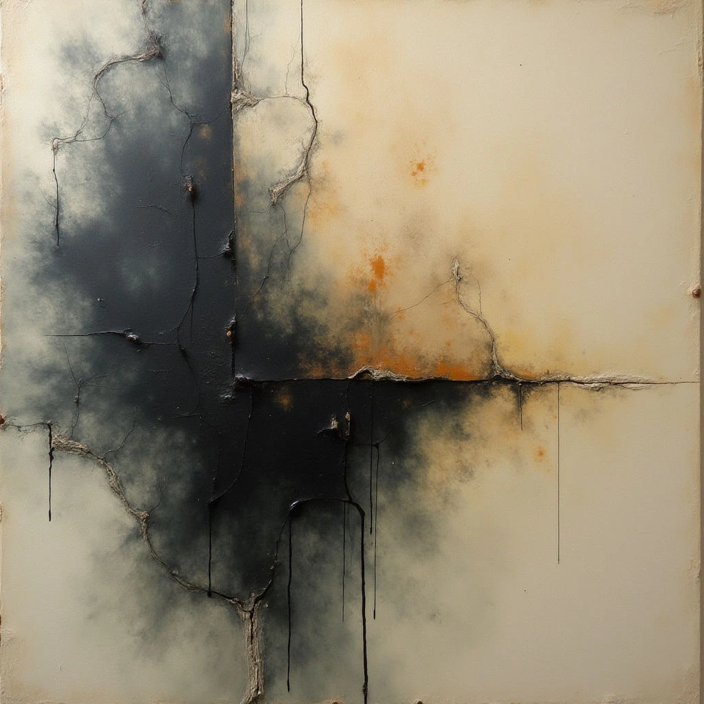 A large, square surface is divided into sections of pale cream and dark charcoal gray, with a central intersection where the colors blend. Cracks run throughout the piece like fissures, and drips of black paint descend from the darker areas. Patches of rust-colored staining appear on the lighter portions, adding to the aged or weathered look of the composition.