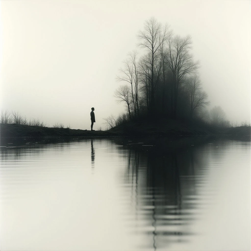 A lone figure stands on a small rise of land, silhouetted against a dense fog. The still water below perfectly mirrors the person and the bare trees behind them, creating a symmetrical and melancholic scene. Everything is rendered in shades of gray, emphasizing the quiet isolation of the moment.
