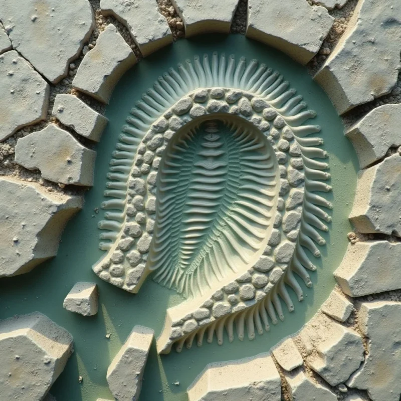 A pale, cream-colored trilobite fossil is embedded within a smooth, sage-green surface, surrounded by jagged, irregular fragments of light gray stone. The composition features repetitive, ribbed textures and rounded bumps that radiate from the central segmented body toward the outer edges. Harsh, directional light creates deep shadows between the raised ridges and under the broken stone pieces, emphasizing the three-dimensional relief.