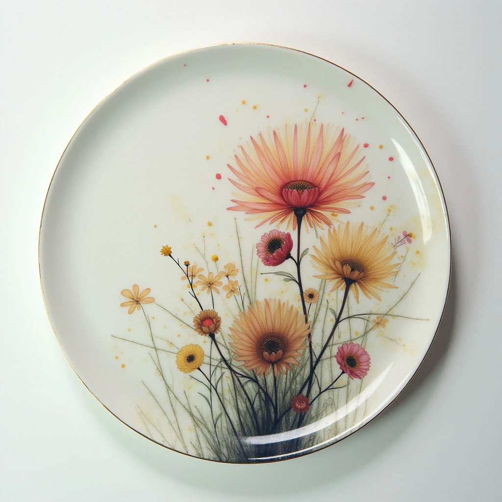 A pale green plate is decorated with a vibrant bouquet of wildflowers. The flowers range in color from golden yellow to deep rose, and are painted with delicate detail against a white background. Scattered pink flecks add a whimsical touch to the design around the larger blooms.