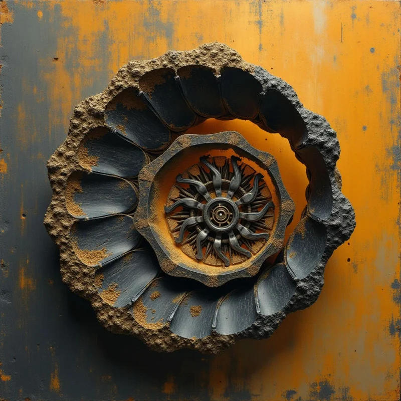 A dark, textured spiral of ridged, petal-like segments curves around a central mechanical hub against a weathered orange and grey background. The composition features rough, granular edges contrasted with smooth, matte surfaces in shades of charcoal and deep black. Light catches the raised ridges and sandy textures, creating depth within the concentric circular arrangement.