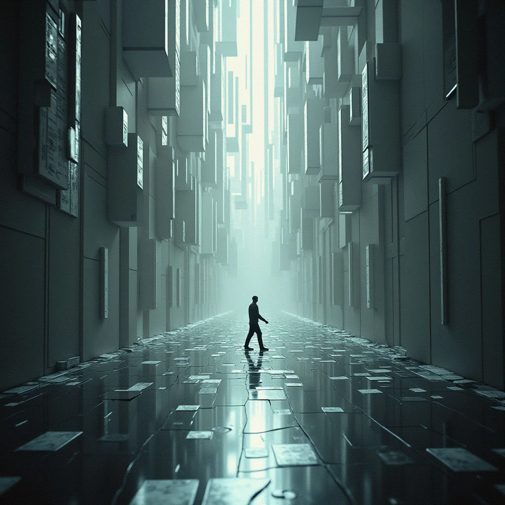 A lone figure walks down a long, reflective street lined with towering, blocky buildings. The city is monochromatic and hazy, creating an isolating and surreal atmosphere. Light streams from the distant end of the corridor, but the overall tone remains somber and mysterious.