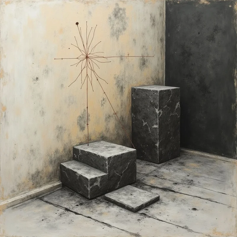 A minimalist arrangement of dark, textured stone blocks sits against a backdrop of cream and charcoal walls. A thin, spindly red line forms an irregular starburst shape on the light wall, with several points extending toward the ground and floor. The composition uses stark geometric shapes and high-contrast colors set within a sparse, three-dimensional space.