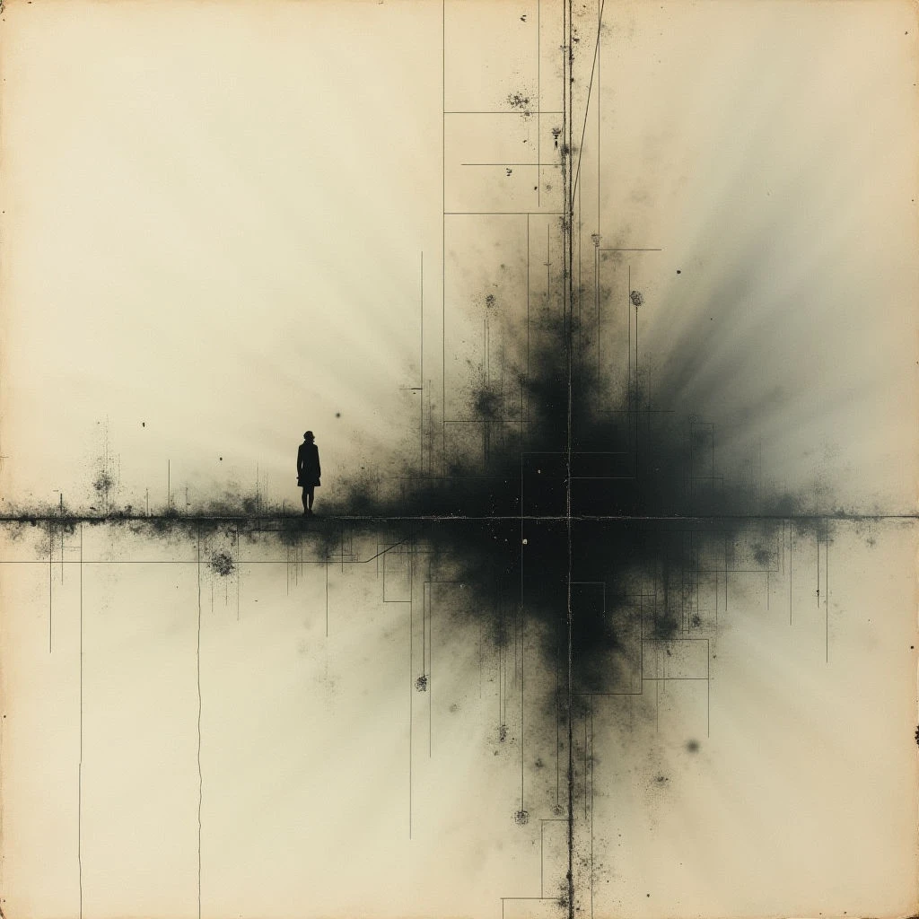 A lone figure stands on a flat, desolate plane facing a massive, dark vertical structure that seems to be both emerging from and receding into the ground. Lines radiate outwards from the structure and the figure, creating a sense of fractured energy or distortion across the pale landscape. The overall impression is stark and minimalist with a slightly aged, textured quality.