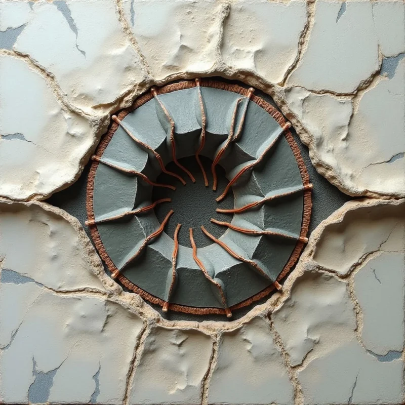 A central, dark gray circular form with deep radial ridges is surrounded by a ring of reddish-brown texture and set within a cracked, off-white surface. The composition features sharp, irregular lines from the cracks that contrast with the rhythmic, undulating folds of the center. Light creates shadows within the recessed grooves and crevices, emphasizing the three-dimensional depth across the textured planes.