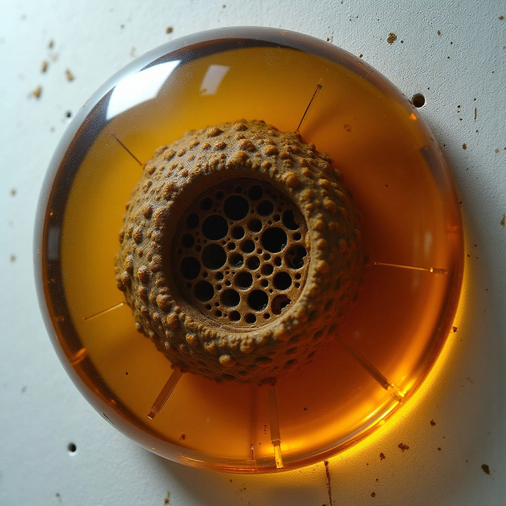 The image features a translucent amber orb containing a porous, brown, circular object at its center. Light passes through the orb, creating highlights and reflections on its curved surface and illuminating the textured interior form, which appears to be composed of numerous small holes. The orb is positioned against a neutral off-white background with scattered dark speckles, establishing a shallow depth of field and emphasizing the central subject.