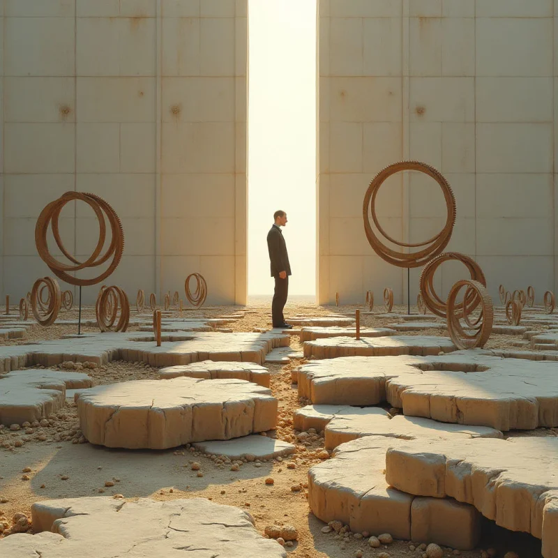 A lone figure in dark clothing stands before a tall, vertical slit of bright white light set within a massive, tan concrete wall. The foreground features large, cracked stone slabs and circular, ring-like sculptures scattered across a sandy, textured ground. Warm, low-angle light casts long shadows across the uneven landscape, emphasizing the geometric shapes and rough surfaces.