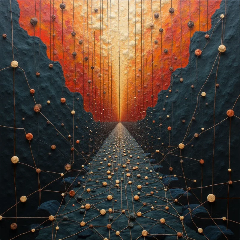 A central path of dark, jagged textures recedes toward a bright orange and yellow horizon, creating a strong sense of linear perspective. Thin, web-like lines intersect across the composition, connecting small, spherical nodes that vary in color from pale cream to deep bronze. The lighting transitions from a luminous glow at the vanishing point to heavy shadows within the dark, rocky foreground elements.