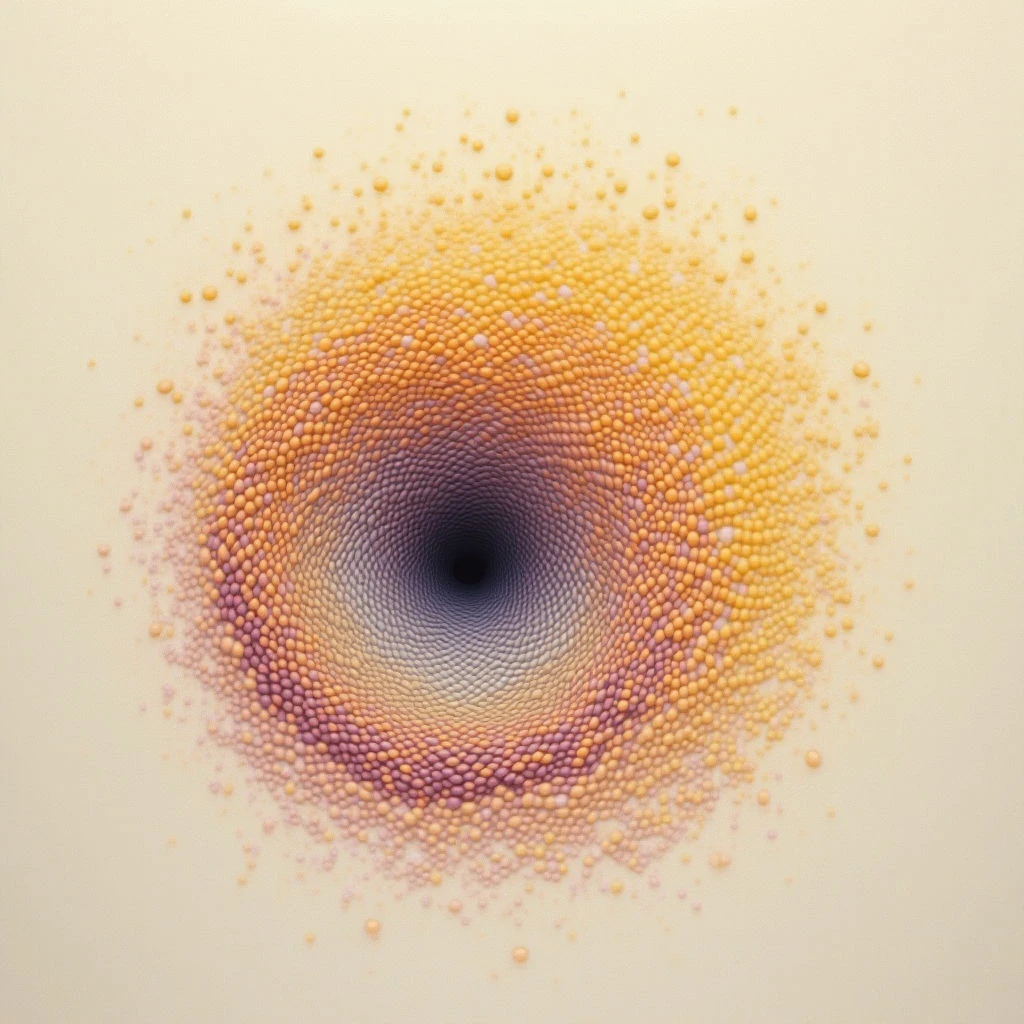A swirling vortex of tiny, colorful dots dominates the center of a pale background. The dots transition from warm yellows and oranges at the outer edges to cooler purples and blues as they converge towards a dark, central abyss. The overall effect is reminiscent of looking into a galaxy or a microscopic organism.