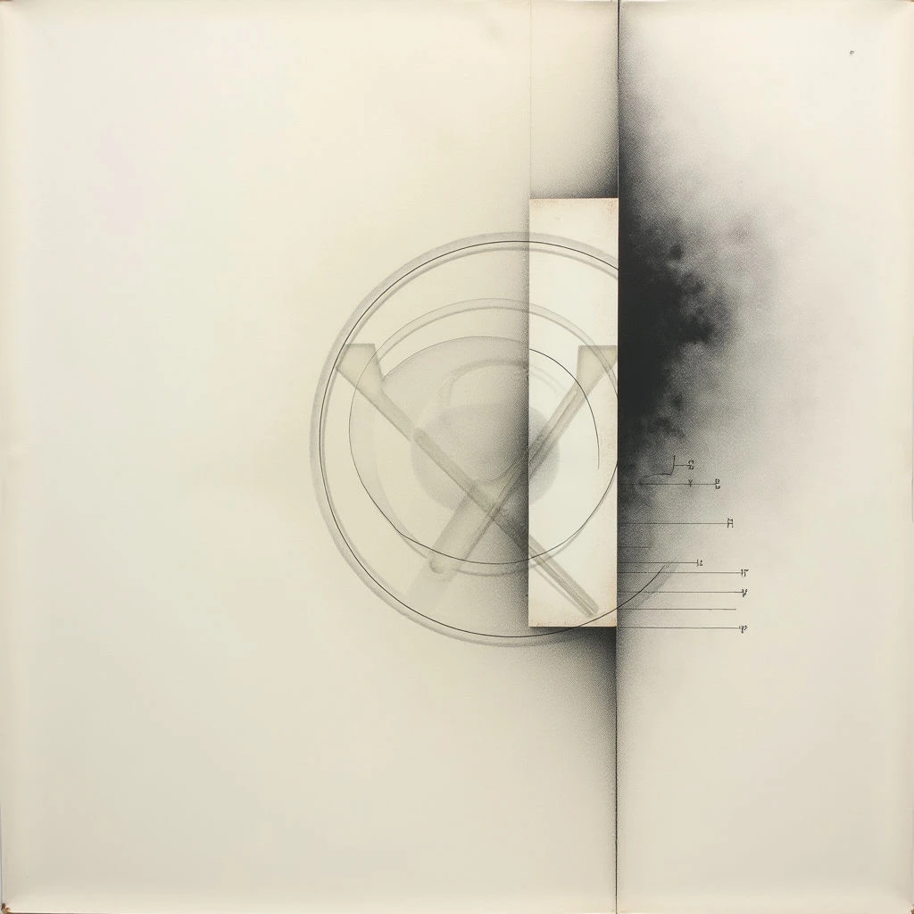 A large, circular shape with intersecting lines dominates the left side of a pale background. A dark, blurred vertical band cuts across the right third of the image, contrasting sharply with the lighter tones. Small, handwritten notations and measurements are visible along a series of horizontal lines near the center.