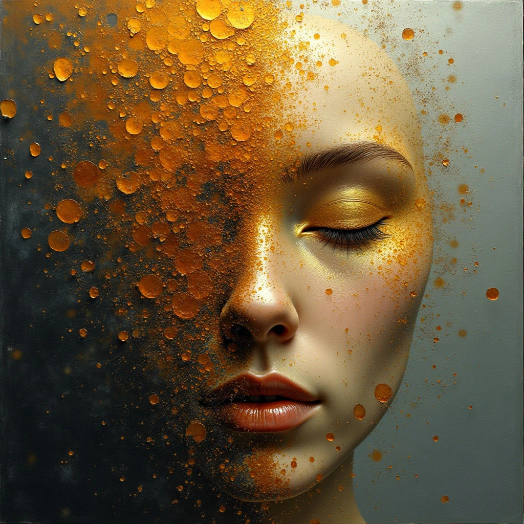 The image depicts a human face in profile, bisected by a transition from dark, textured tones to golden, speckled luminosity. One half of the face appears smooth and metallic gold, while the other is shadowed with varying circular shapes and granular textures. Light seems to originate from within the golden side, creating highlights on the nose and lips, and gradually fades into soft shadows across the gray background.
