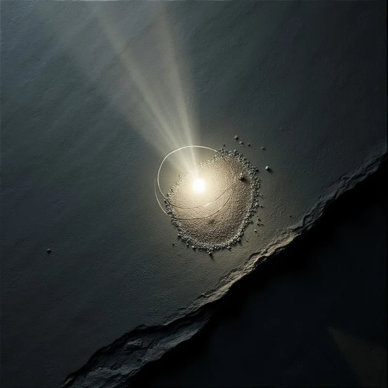 A bright, circular glow emanates from a central point, casting rays of light across a dark, textured surface. Fine, granular particles and thin, curved lines cluster around the illumination, creating a sense of depth against the rough, slate-like background. The composition is defined by the contrast between the luminous center and the deep shadows of the jagged, dark terrain.