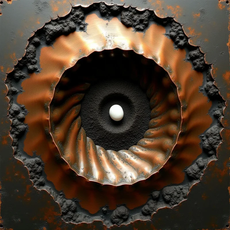 A smooth, white oval sits at the center of a dark, granular circular void, surrounded by concentric layers of undulating copper-toned metal. These metallic rings feature rhythmic, wave-like ridges that transition into jagged, charcoal-colored textures around the outer edges. The composition is centered and symmetrical, with light catching the peaks of the metallic waves against a dark, weathered background.