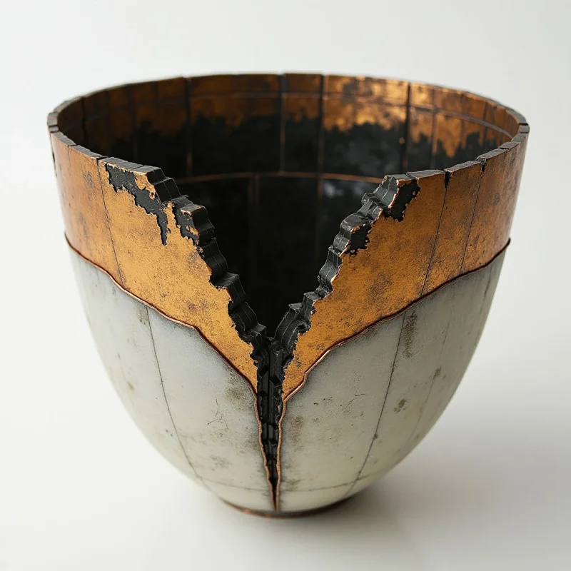 A large, rounded vessel features a dual-toned surface of matte off-white and metallic copper, divided by jagged, irregular edges that create a deep, central fissure. The exterior shows vertical paneling and weathered textures, while the interior is dark and reflective with a shimmering bronze finish. Bright, even light illuminates the object against a plain white background, highlighting the sharp contrast between the smooth ceramic-like body and the rough, broken rim.